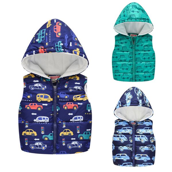 

loose toddler kids baby girls boys sleeveless car print hooded warm print waistcoat sleeveless zipper vest children, White