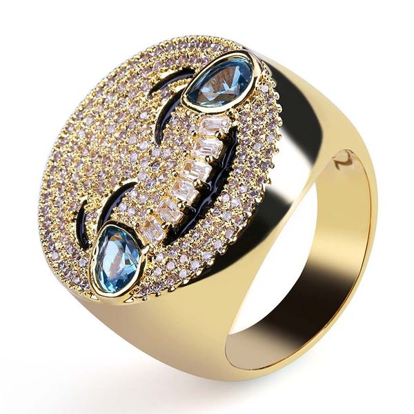 

new fashion gold plated emoji face blue tears of joy cz cubic zirconia ring band iced out lovers rings jewelry gifts for couples wholesale, Golden;silver