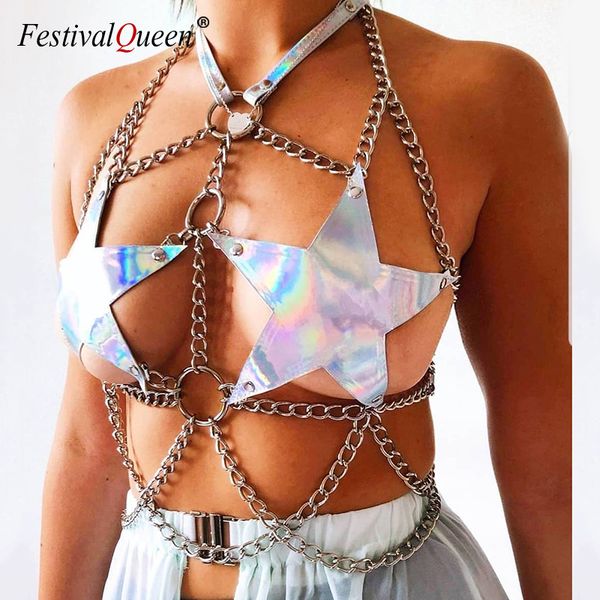 

goth shiny holographic pentagram harness metal o ring link chain lingerie garters women rave festival fashion body bondage, Black;white