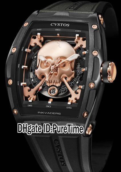

new cvstos challenge jet-liner inkvaders skull two tone pvd black steel rose gold skeleton dial automatic mens watch rubber for puretime, Slivery;brown
