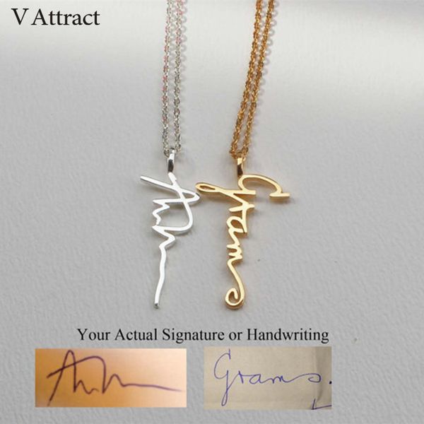 

v attract handwriting jewelry custom signature pendant collier femme vertical personalized vertical name necklace for women gift, Silver