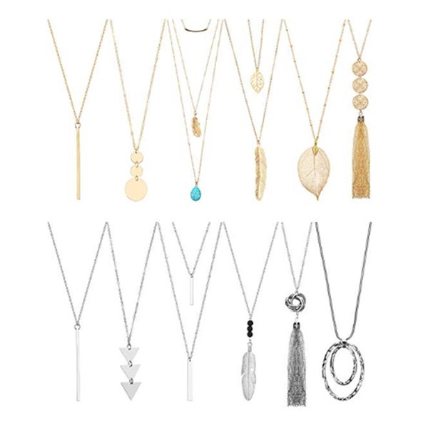 

12x long necklace pendant necklace y fringed leaf, Silver