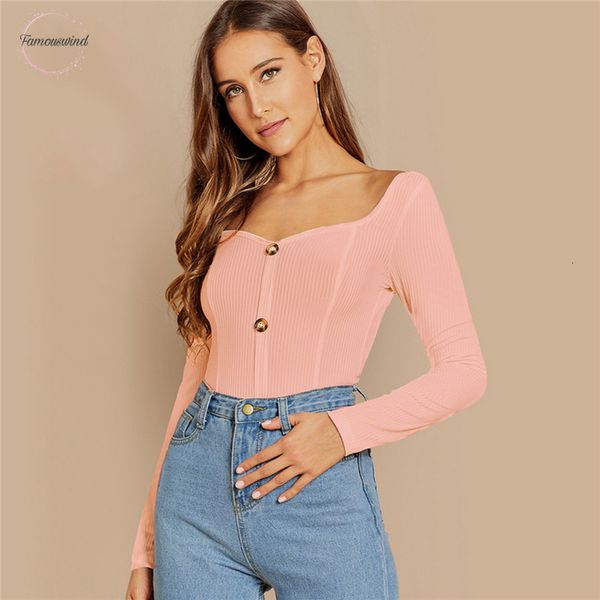 

t shirt pink green button front rib knit form and long sleeve crop 2019 elegant women female tees, White