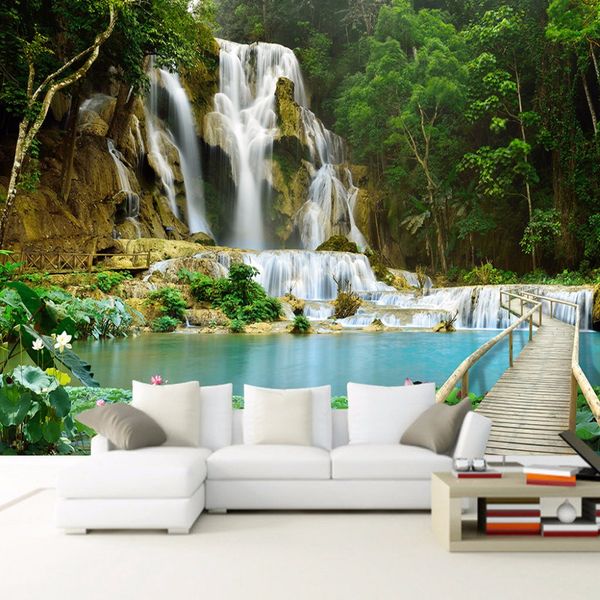 Floresta cachoeira natureza paisagem foto parede mural para quarto sala de estar sofá cenário decoração não-tecido personalizado papel de parede