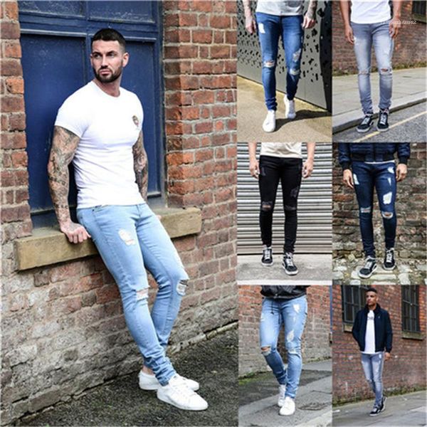 

pencil pants fashion mens jeans holes mens designer jeans casual washed street style skinny solid color cool, Blue