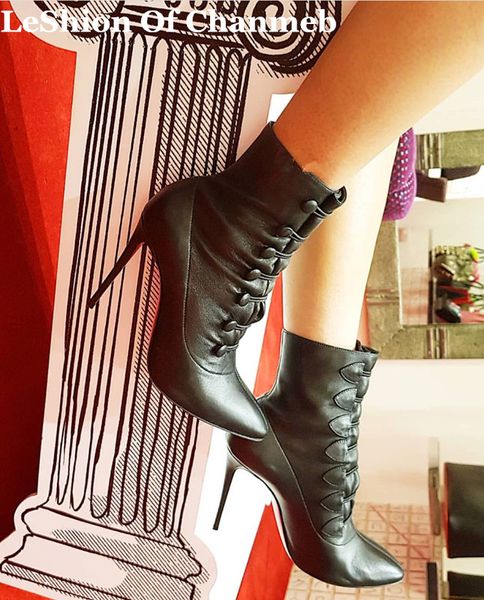 

women female pointy toe thin high heels runway shoes ankle boots ladies button elastic band catwalk booties shoes all season, Black