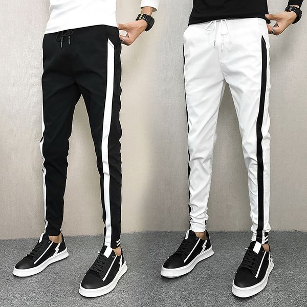 

2020 korean autumn pants men brand side stripe slim fit men joggers casual harem pant hip hop streetwear clothes, Black