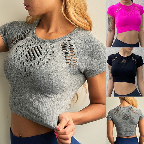 

seamless sport t shirt women hollow out breathable crop yoga elastic tight fitness gym shirts running tank, White;red