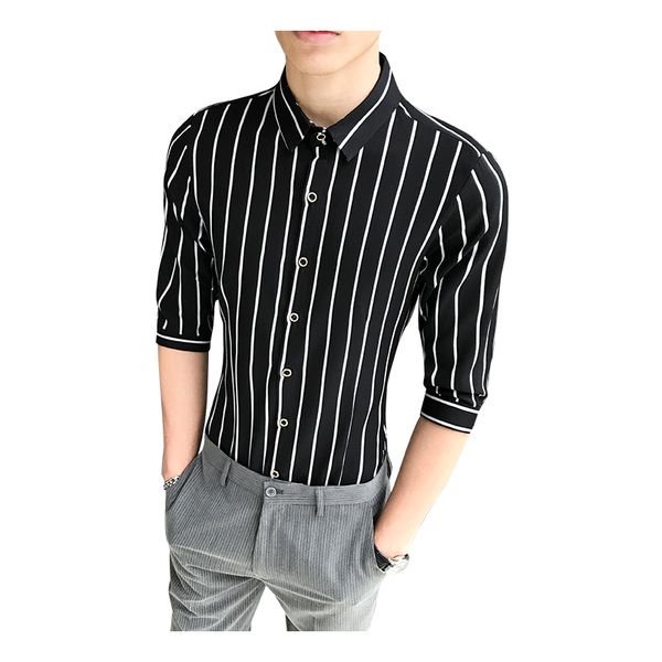 

летняя мужская рубашка slim fit мужская повседневная полосатая рубашка 3/4 рукава вечерние рубашки мужчины мужская одежда camisa plus xxxxxl, White;black
