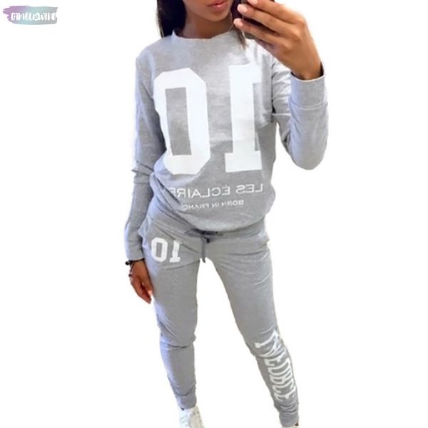 

full length women set long sleeve number 10 sweatshirt letter print and pants tracksuit woman conjunto feminino, White