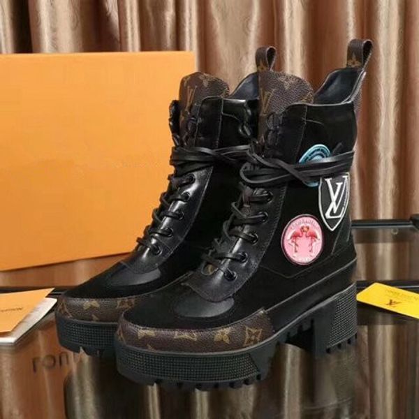 

chic branded women leather laureate platform desert boot designer lady patch 5cm chunky heel rubber outsole boots girl martin boots, Black