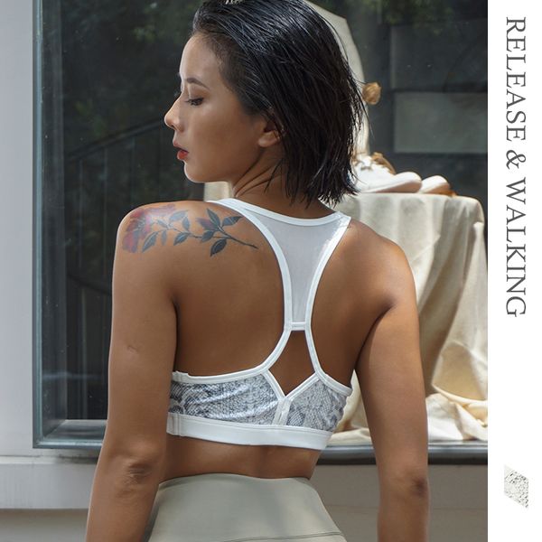

r&w women mesh deep v neck bras sports snake print medium support yoga fitness fashion bra vest hip up anti-sweat bras, White;black