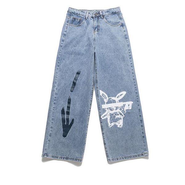 

nagri jeans men cool graffiti print denim pants solid color fashion retro baggy hip hop style jeans high street casual pant, Blue