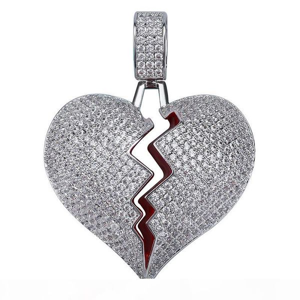 

hip hop solid broken heart iced out pendant necklace charm for men women gold color cubic zircon jewelry, Silver