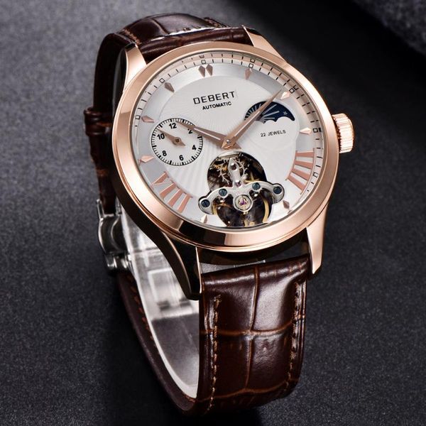 

debert 40mm watch men fashion sport moon phase watch automatic mechanical wristwatch men leather strap, Slivery;brown