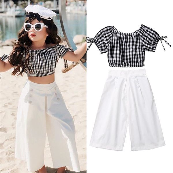 

2-6t children kid baby girls clothing set suit short sleeve plaid crop loose bow-knot bell-bottoms white pants outfits