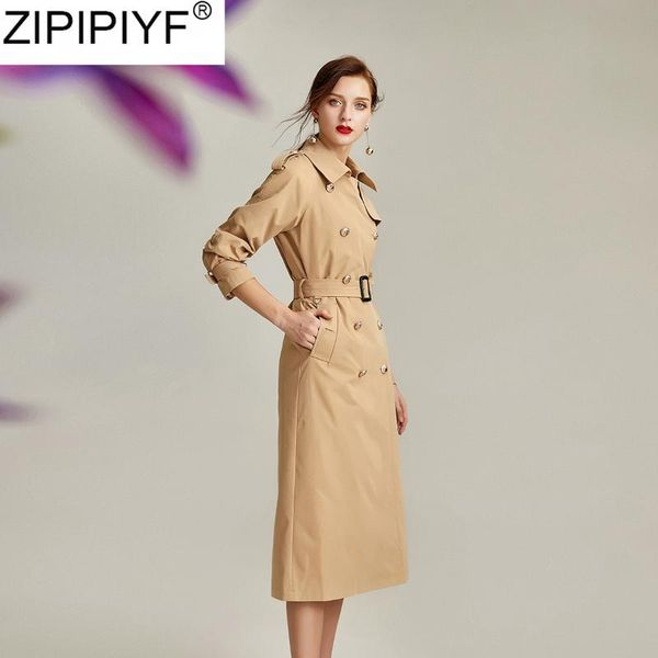 

2020 new spring women turn down collar full sleeve slim trench coat outwear elegant fashion double breasted a-line trench coat, Tan;black