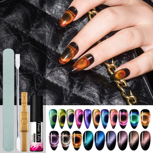 

four lily 9d cat eye nail gel polish set chameleon magnetic soak off uv led varnish long lasting gel polish kit with nail lamp