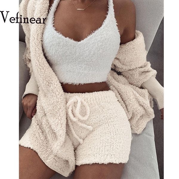 

vefinear solid winter autumn fashion velvet collar women suits solid three piece set long sleeve suit casual suit coat+short+top, White