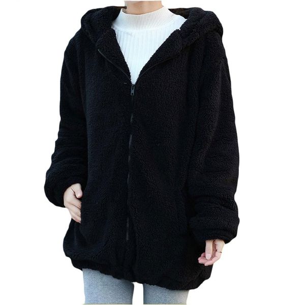 

women hoodies zipper girl winter loose fluffy bear ear hoodie hooded jacket warm outerwear coat cute sweatshirt hoody funny, Black
