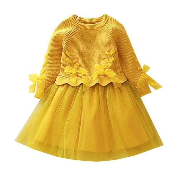 

winter girls fashion sweater dress for 3-8 years kids solid color mesh dress long sleeve bow tutu knitwear, Blue
