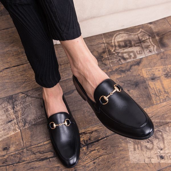 

men soft leather men leisure shoe gift doug fashion shoes metal buckle slip-on famous brand man lazy falts loafers, Black