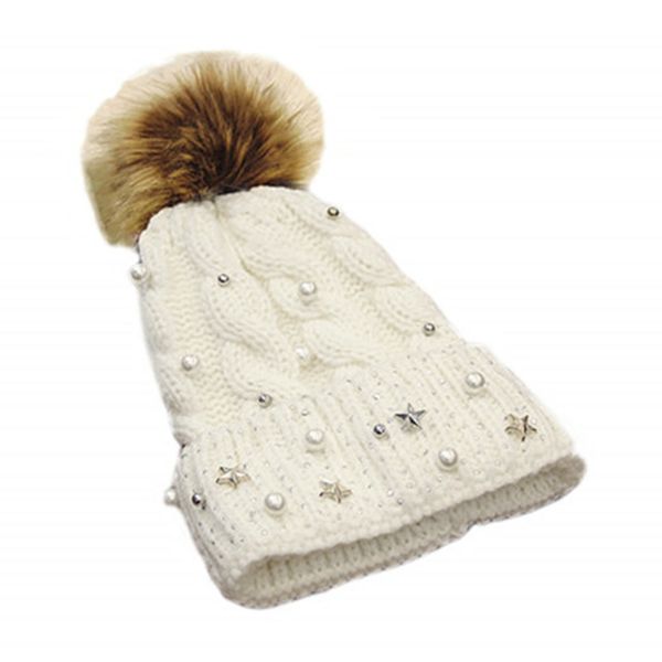 

beanie hat woolen yarn women fashion women thick knitting caps female winter warm hat with pearl decor, Blue;gray
