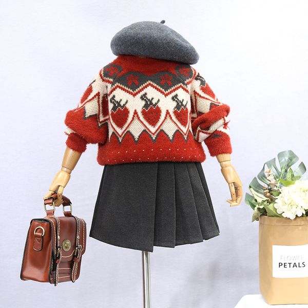 

children's clothing 2018 winter new sweet girls dress ocean strawberry jacquard mohair knit ball sweater thick, Blue