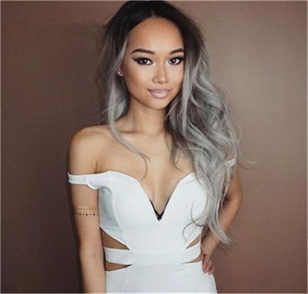

Full lace wig with baby hair dark root two tone 1b grey human hair wig ombre body wavy lace front wig