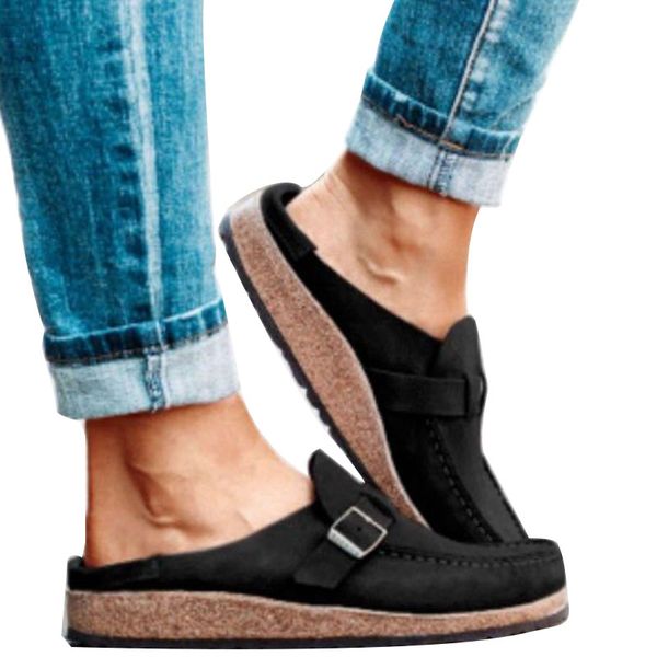 

round head classic outdoor low heel women shoes half slippers comfortable sandals women slippers outdoor beach shoes, Black