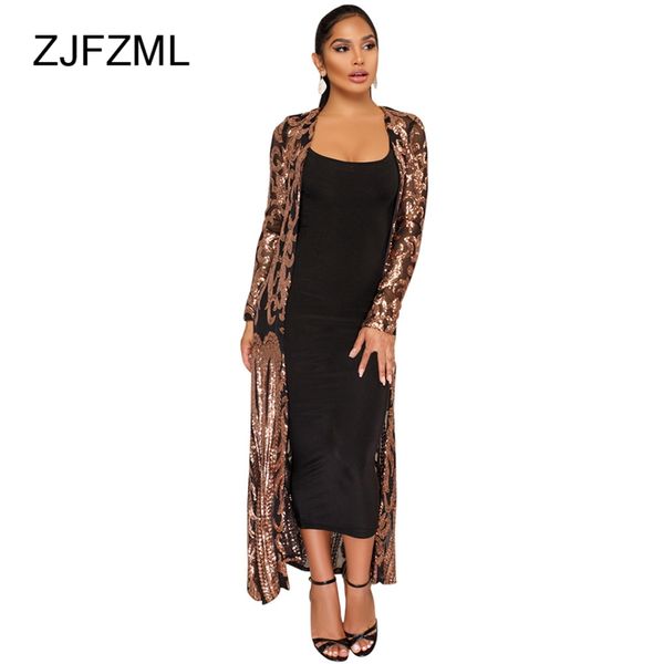 

zjfzml women elegant sequined jacket mesh see through long coat spring autumn full sleeve maxi causal party club female, Black;brown