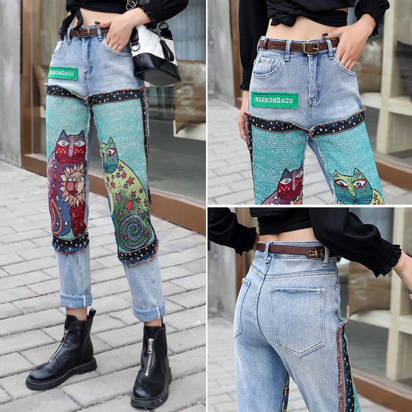 

woman jeans high waist straight pants korean style cartoon embroidery patchwork cotton loose casual female denim pants 2020 new, Blue
