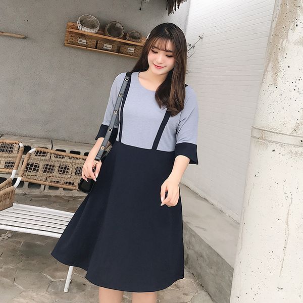 

large size dress large girl's mock two-piece dress 2019 summer fat mm new style mid-length skirt 583, Red