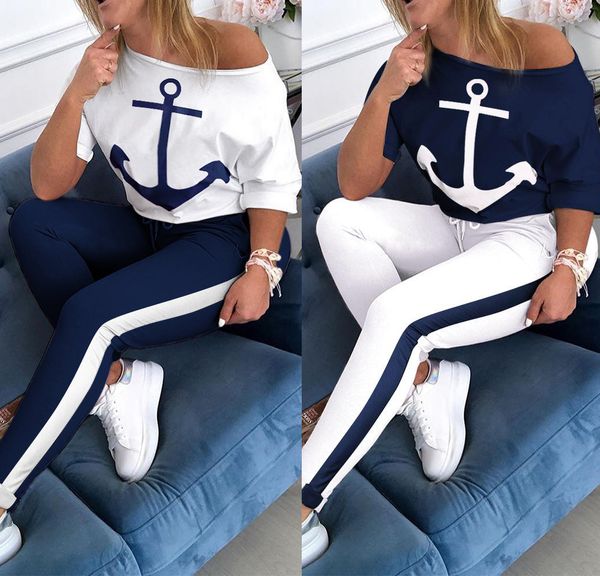 

european and american women's two-piece set short sleeve t-shirt navy sports suit ship anchor printing two-piece set, Gray