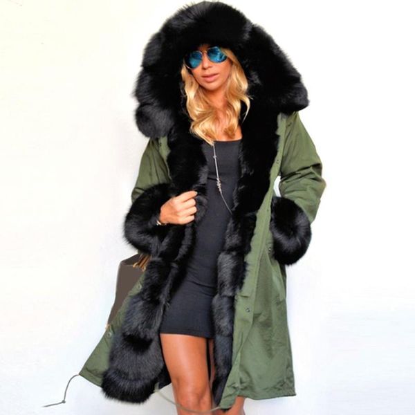 

fashion ladies women casual faux fur coat autumn winter warm hood coat long trench chic jacket outwear top, Black