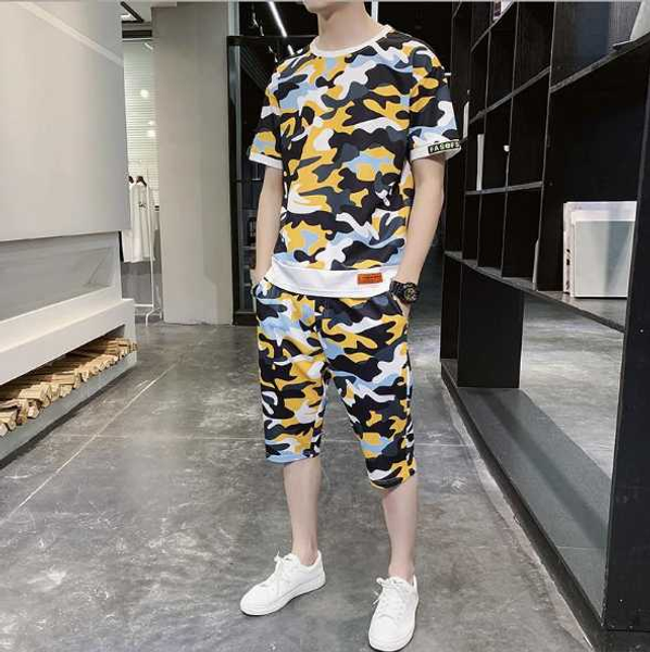 

sports leisure suit men's two piece set 2020 summer korean camouflage loose handsome men's short sleeve t-shirt, Gray