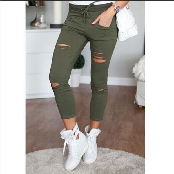 

women denim pants ripped knee cut jeans faded slim fit lady skinny leggings hole high waist pencil pants, Blue