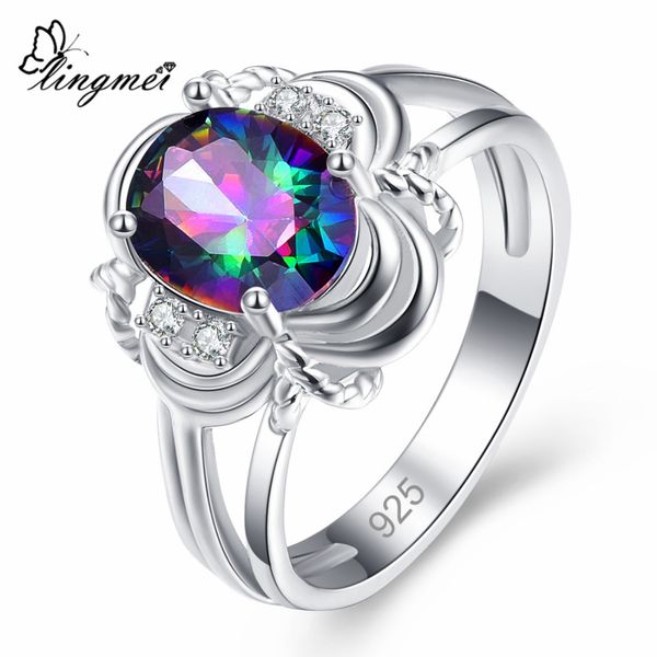 

lingmei dropshipping wedding oval cut firemulticolor & white & sea blue cubic zircon silver 925 sterling ring size 6 7 8 9 10 11, Slivery;golden