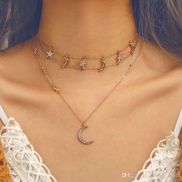 

star moon designer necklace luxury shining rhinestone choker necklace geometric clavicle chain designer chokers women necklaces jewelry hot, Blue;red