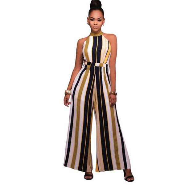 

jumpsuits long wide leg pants for women 2020 halter neck sleeveless boho playsuit club rompers overalls wf413, Black;white