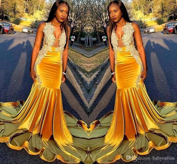 

2019 yellow mermaid prom dresses south african deep v neck appliques long velvet evening gowns formal elegant evening dresses custom, Black