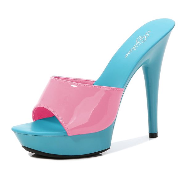 

shoes women slipper 2020 summer fine heel 13cm shoe slipper platform patent leather pumps shoes stripper hihg heels sandals, Black