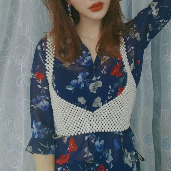 

women's tanks & camis 2021 design trendy fashion short vest for women pearls stylish crop loose v-neck female tide zk719, White