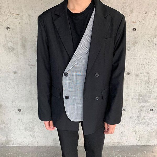 

мужчины поддельные два сращивания плед повседневный костюм блейзер пальто верхняя одежда мужчины женщины уличная одежда винтажный костюм кур, White;black