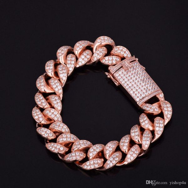 

mens iced out rose gold finish miami cuban link bracelet 18mm width 8inch length,115g, Black