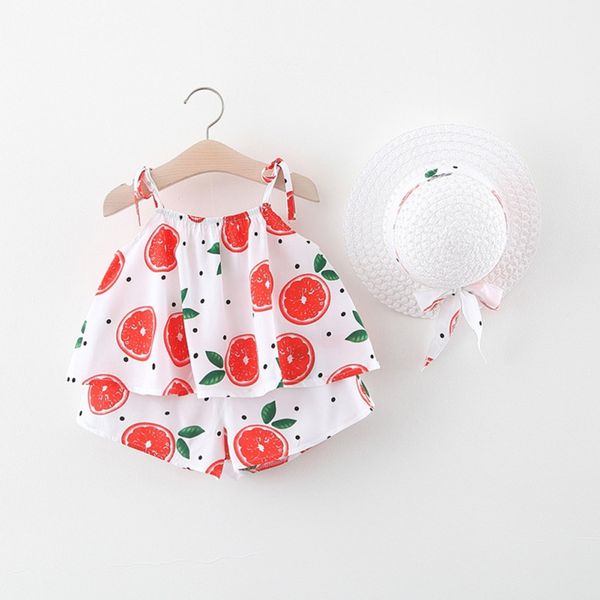 

3pcs summer baby girls fruit printed suspender with shorts with straw hat outfits1, Red;yellow