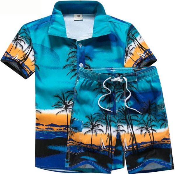 

Mens 2pcs Designer Suits Coconut Palm Printed Beach POLO Shirts Short Pant Suits Stage Costumes Clothes