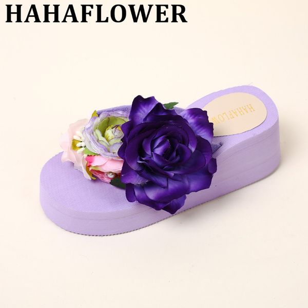 

hahaflower woman summer taro purple flower thick slope with word drag beach vacation travel lady sandals shoes, Black