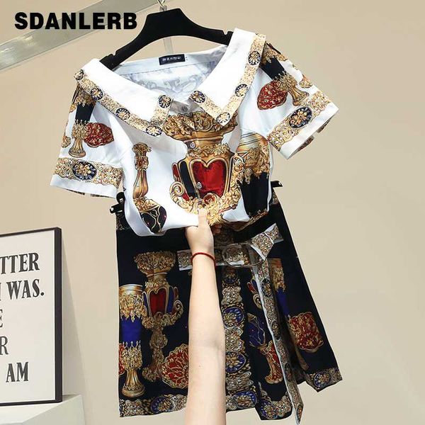 

two piece set women dress suit summer loose fashion two-piece set fashion print blouse + high waist skirt ladies skirts, White