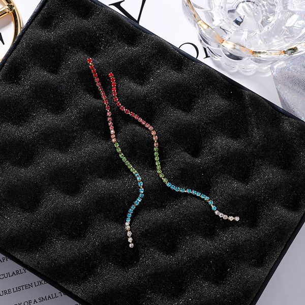 

korea style girl silver pin exaggeration rainbow long rhinestone tassel drop earrings for women fashion jewelry accessories